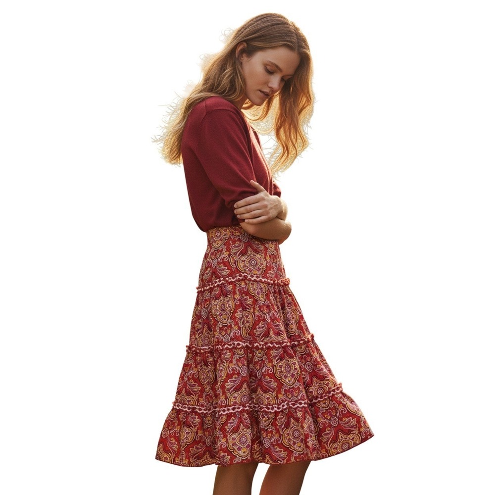 Morgan de Toi Red Paisley Tiered Midi Skirt Rickrack French Size S - 100% Cotton